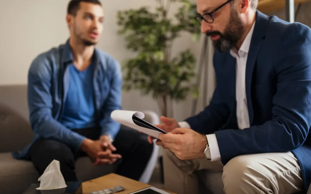 Individual-therapy A man in an individual therapy session with a male therapist sitting on a couch while the therapist makes notes on his clipboard