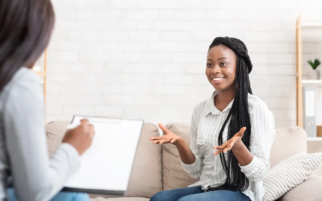 Individual-therapy-for-couples A black woman during an individual therapy session working on herself because her partner did not want to come to a couple's therapy