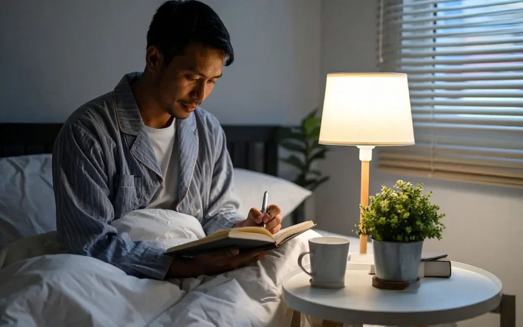 A man journaling in bed, representing the inner work necessary for successful therapeutic outcomes for narcissists