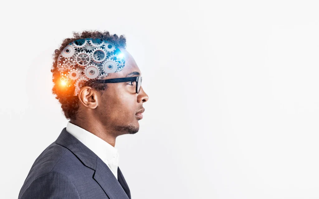 ADHD-brain-in-LA-therapy A man with gears in his brain, representing the busy thoughts of someone with ADHD