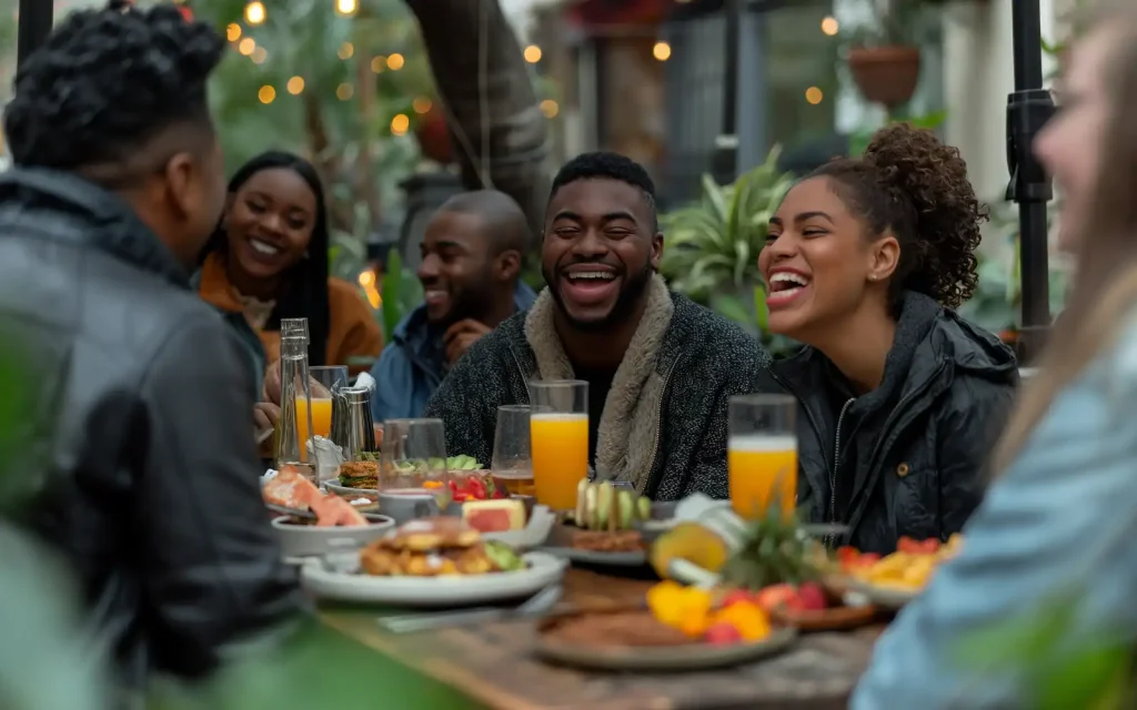 Progress-in-therapy A group of people sitting outside and laughing over a meal, representing what progress in therapy may look like