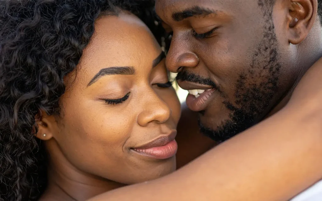 A couple embracing and smiling after positive communication learned during Los Angeles couples therapy sessions