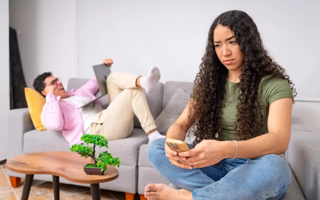 Emotional-disconnection-in-ADHD-couples-therapy A couple after an argument, representing emotional disconnection in ADHD couples