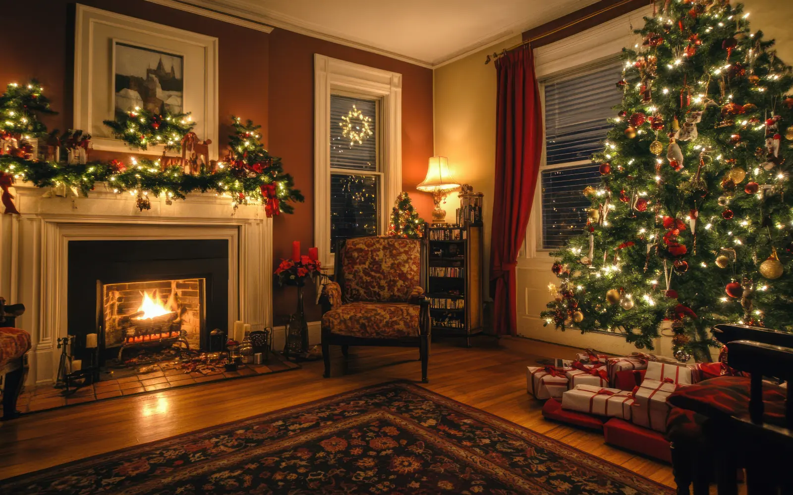 An empty lounge decorated for Christmas