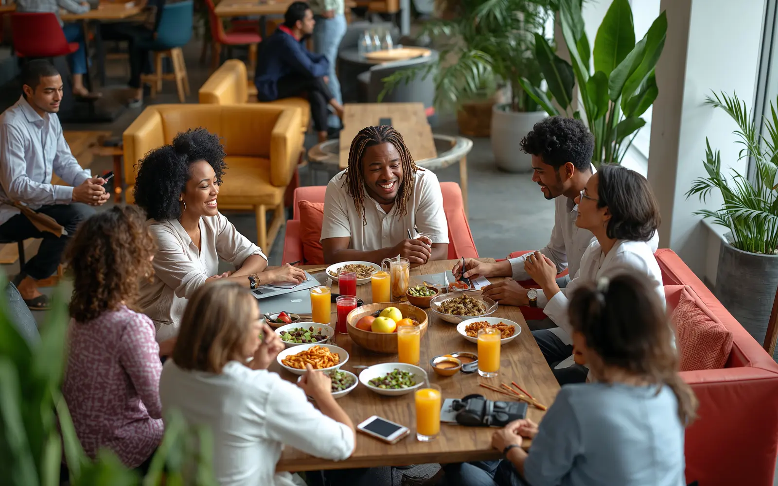 A group of young adults in a cafe smiling and laughing together, representing the impact of social anxiety therapy in LA