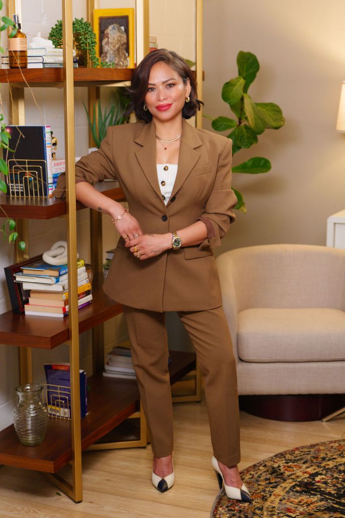 Grazel in Taupe Standing in her Office in Los Angeles