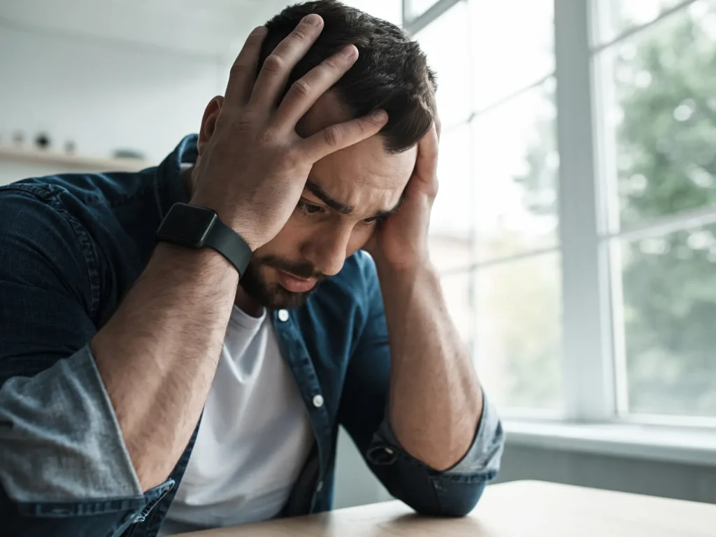 A man at a table with his head in his hands, representing performance anxiety