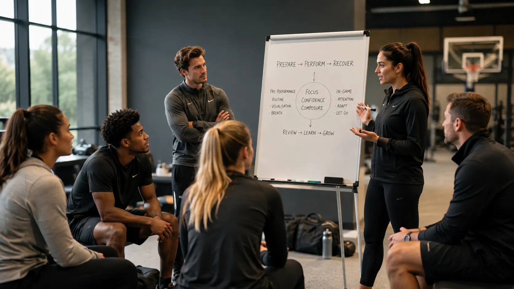A sports team attending a group performance psychology session